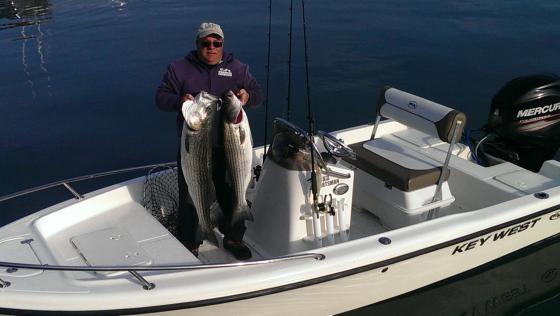 CJ has earned a 95% catch rate on quality striped bass.  over the  last couple of weeks. He  has caught  most of them  from his 15'keywest.